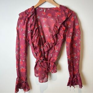 Free People Women's Burgundy Floral Ruffle Cottagecore Boho Peasant Wrap Top XS